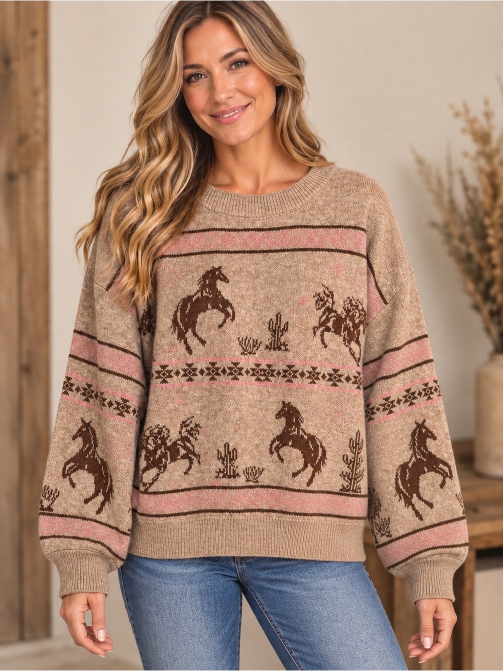 New In by Very J Western Horse Cactus Knit Sweater Pink Brown NWOT